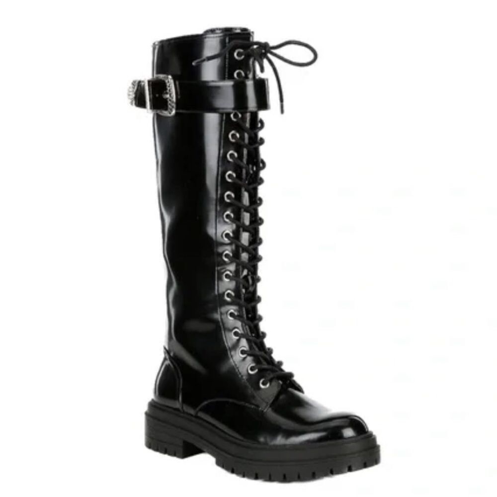 GIANNI BINI Skyscraper Lace Up Lug Sole Platform Tall Boot Patent Leather Size 7